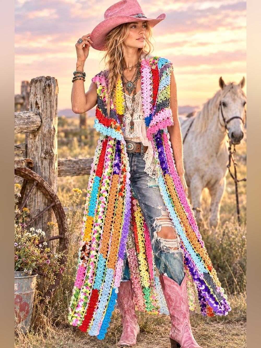 Artisan Boho Crochet Long Vest - Multicolor
